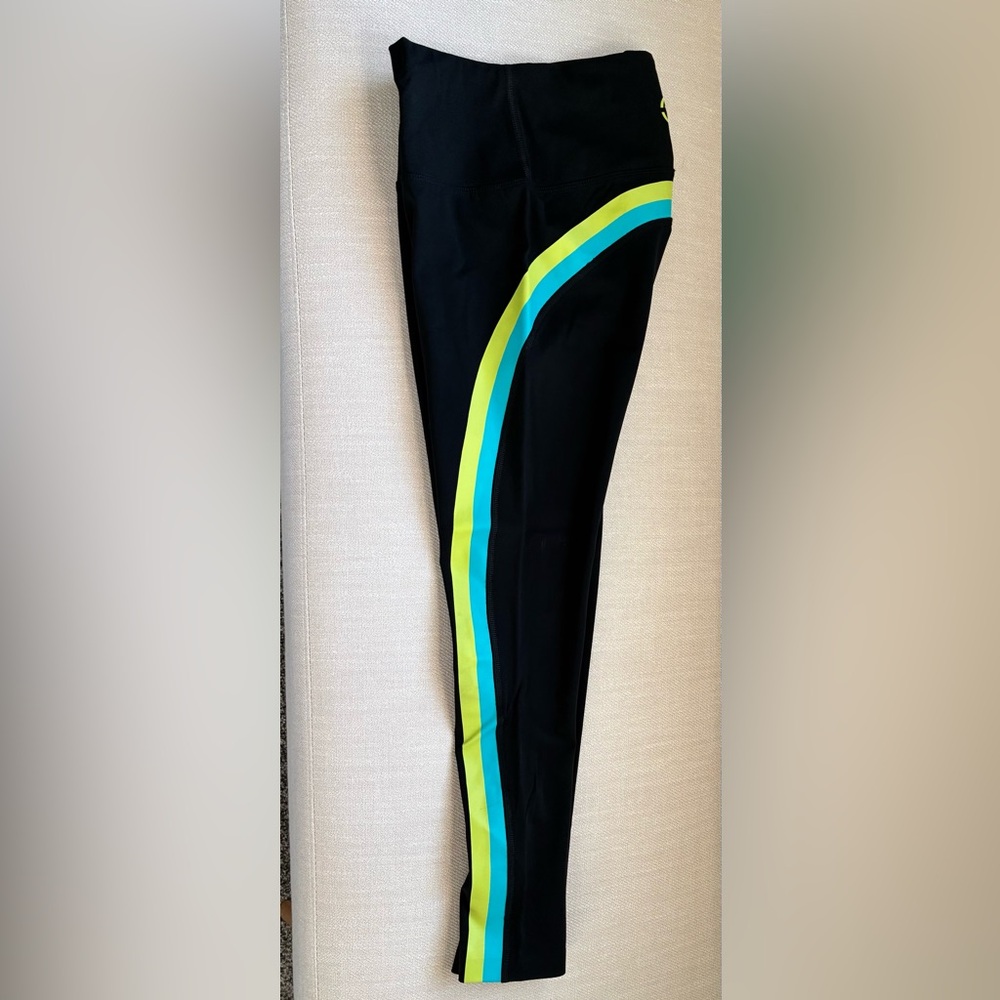 Virus USA Black Leggings with Blue and Neon Green Stripes, S